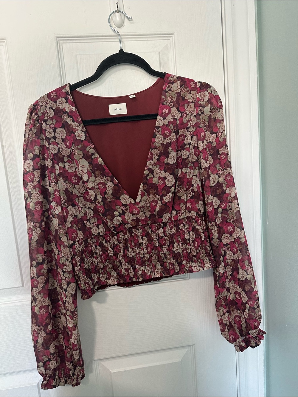 Wilfred Burgundy Floral V-Neck Smocked Blouse